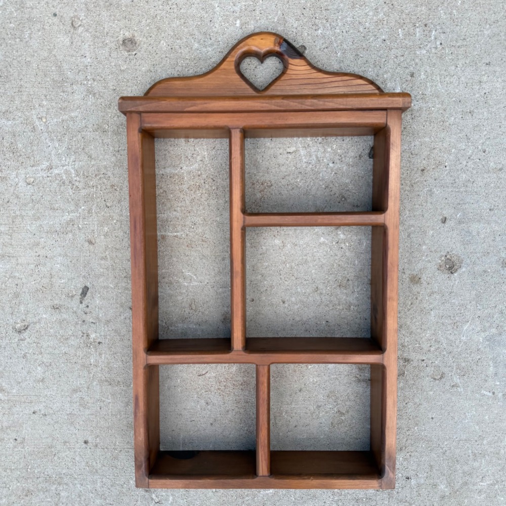 Vintage Rustic Wood Heart Cutout Shadow Box Wall Shelf Trinket Display 5 Cubby